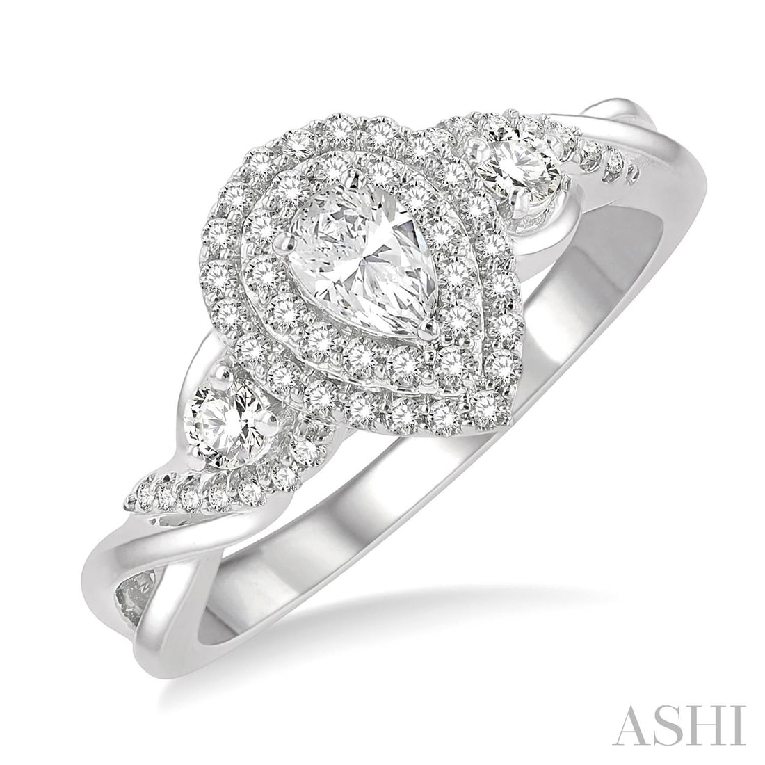 0.63 ctw Pear White Diamond Double Halo 14K White Gold Ring: A vision of luxury, this stunning Split Twisted Shank ring featuring White Diamond defines sophistication. The gemstones are nestled within a Double Halo framework, supported by a substantial 4.65 gra