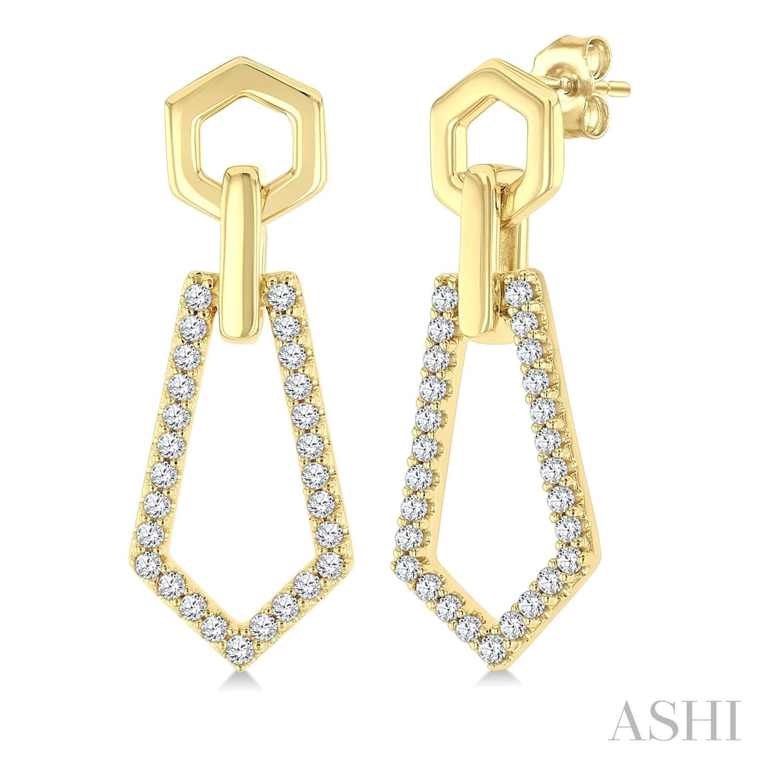 0.33 ctw Diamond Hexagon & Pentagon Link 10k Yellow Gold Earrings: Rare and radiant, this stunning Hexagon & Pentagon Link pair of earrings featuring White Diamond offers a touch of the extraordinary. A detailed Drop gallery secures the stones, rendered in 2.65 grams