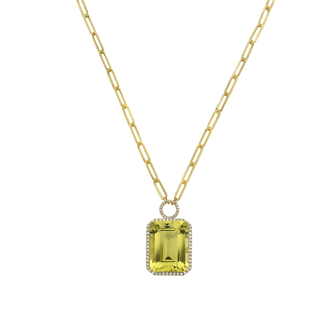 14k Yellow Gold Pendant Necklace with 21.78ct Green Quartz: Radiating elegance, this exquisite pendant necklace features a striking green quartz as its centerpiece. The quartz, weighing 21.78 carats, is encased in a refined setting of 14k yellow gold. The neck