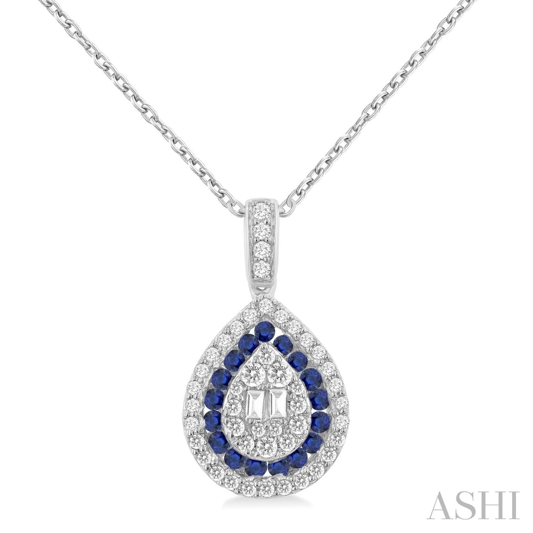 0.27 ctw Diamond & Sapphire Halo Pear 14K White Gold Pendant: An exquisite masterpiece of haute joaillerie, this stunning Pear Shape pendant featuring White Diamond, Blue Sapphire is a true treasure. A detailed Halo gallery secures the stones, rendered in 1.4 gr