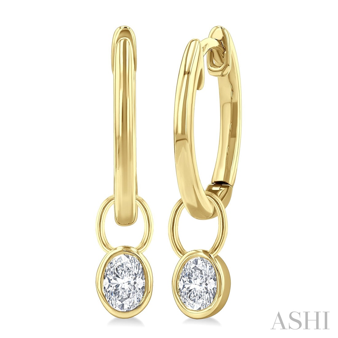 0.3 ctw Oval Diamond Bezel Set Huggie 14K Yellow Gold Earrings: Rare and radiant, this elegant Huggie pair of earrings featuring White Diamond offers a touch of the extraordinary. Showcasing the gems in a Bezel arrangement, the earrings consists of 0.48 grams of 1