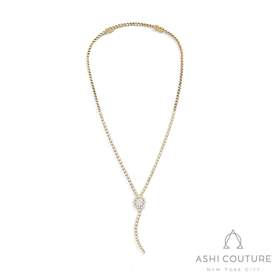 4.44 ctw Fiori Cluster White Diamond 18k Yellow & White Gold Lariat Necklace: A vision of luxury, this exquisite Fiori Cluster necklace featuring White Diamond defines sophistication. Securely held in a classic Halo design, the necklace is forged from 26.2 grams of high-polish 