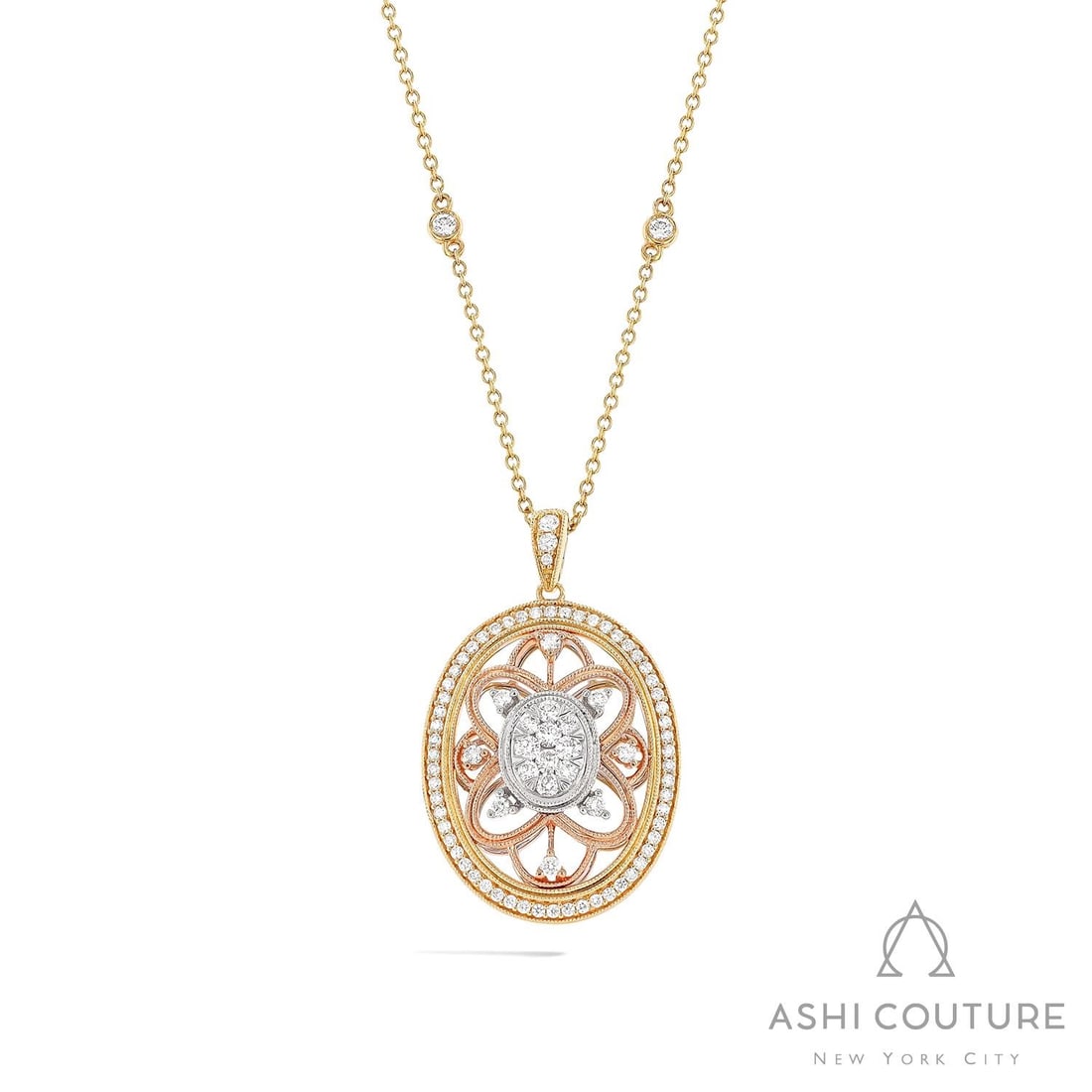 1.07 ctw Oval Cluster Diamond 18K Tri-Color Gold Pendant: Defining modern elegance, this breathtaking Oval Cluster pendant necklace featuring Natural Diamonds captures the essence of style. The gemstones are nestled within a Halo framework, supported by a su