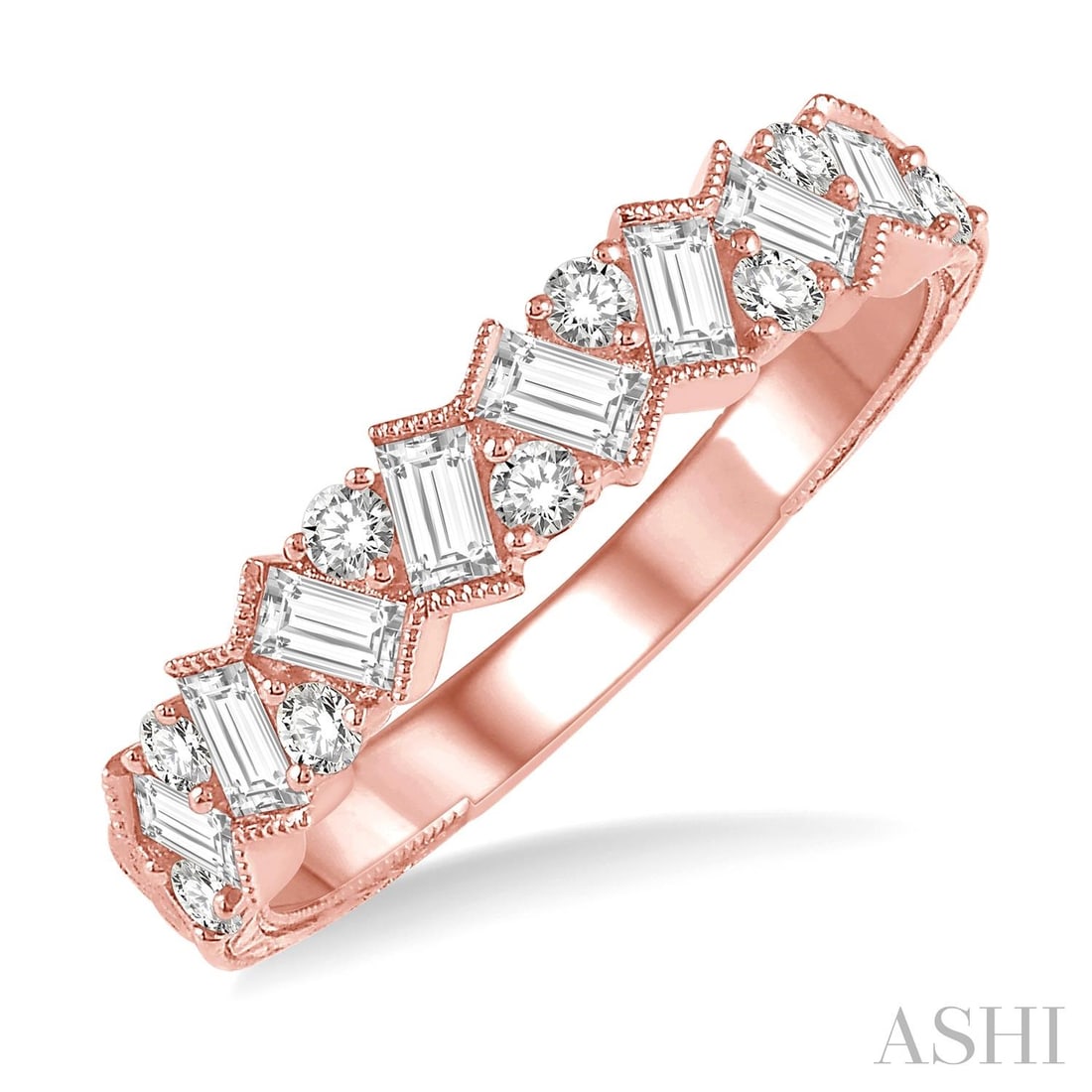 0.67 ctw Baguette and Round Diamond 14K Rose Gold Band Ring: A symphony of light and color, this exquisite Zigzag ring featuring White Diamond embodies the pinnacle of luxury. Expertly mounted in a Band setting, the ring is crafted in 2.7 g of solid 14K Rose Go
