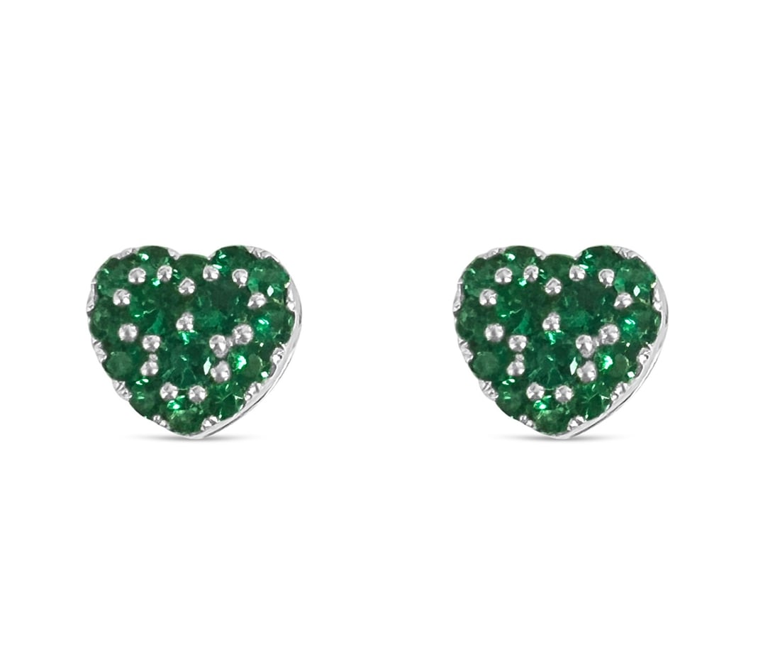 1.30ctw Round Emerald Heart Shape 14K White Gold Stud Earrings: Timeless and sophisticated, this elegant Heart Shape Link pair of earrings featuring Emerald radiates enduring beauty. The gemstones are nestled within a Cluster framework, supported by a substantial 