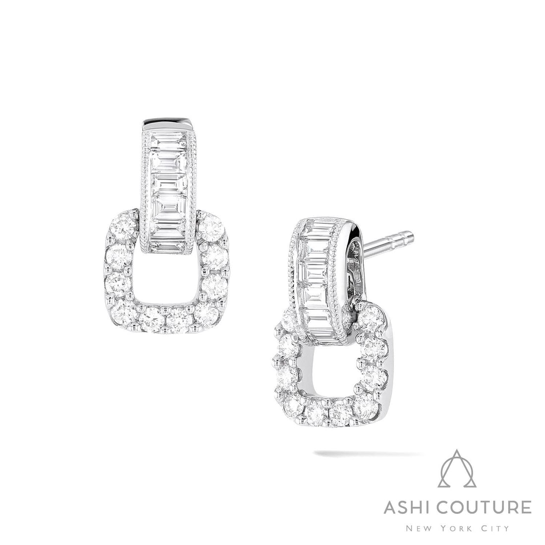 0.53 ctw Baguette & Round Diamond Linq 18k White Gold Stud Earrings: Retail Value: $3,810 Timeless and sophisticated, this stunning Linq Geometric pair of stud earrings featuring White Diamond radiates enduring beauty. The gemstones are nestled within a Linked Geometri
