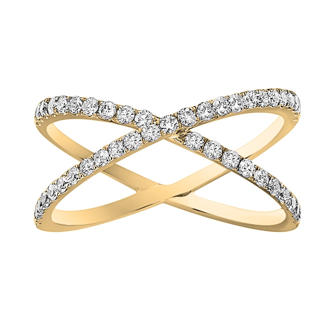 14K Yellow Gold Ring with 0.47 ctw Round White Diamonds: A testament to superior craftsmanship, this exquisite fashion ring featuring White Diamonds is unparalleled. Two intersecting bands are adorned with round-cut diamonds, set in lustrous 14K Yellow Gold