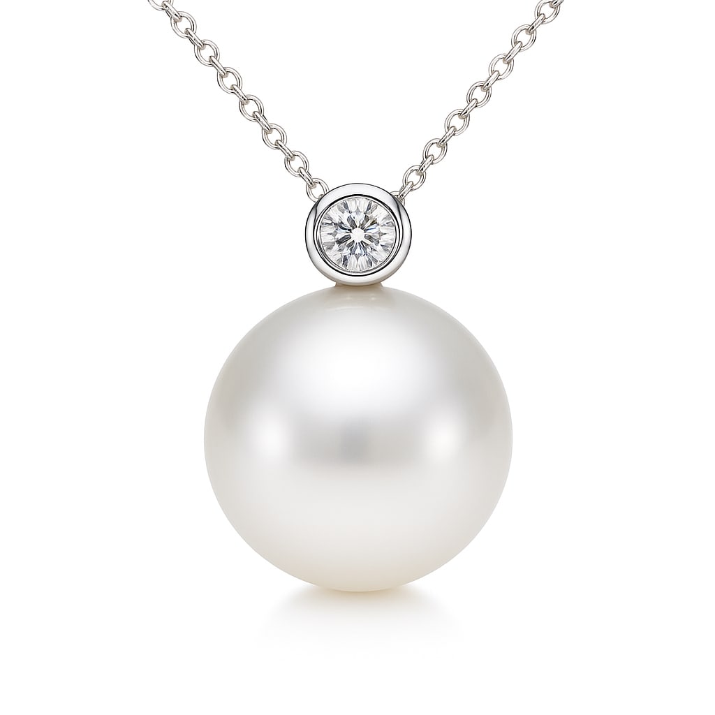 18K White Gold Pendant with Diamond & Freshwater Pearl: Radiating elegance and sophistication, this exquisite pendant necklace is crafted for the discerning. Featuring a round-cut white diamond, the pendant is set in 18k white gold with rhodium plating. Th