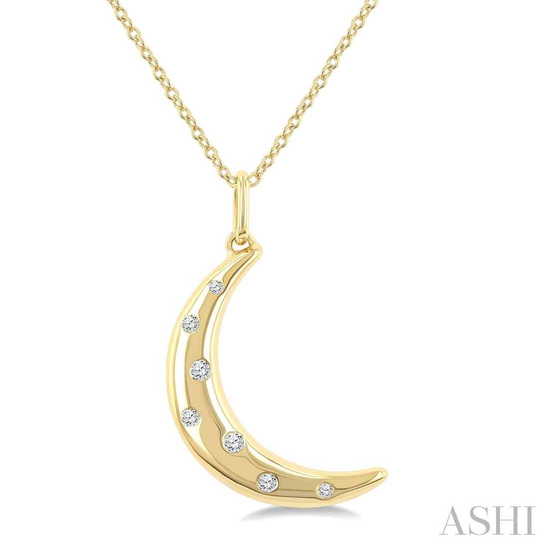 0.06 ctw Diamond Moon Mosaic 10K Yellow Gold Pendant Necklace: An exquisite masterpiece of haute joaillerie, this elegant Moon Mosaic pendant featuring Natural Diamonds is a true treasure. A detailed Flush gallery secures the stones, rendered in 1.75 g of lustrou
