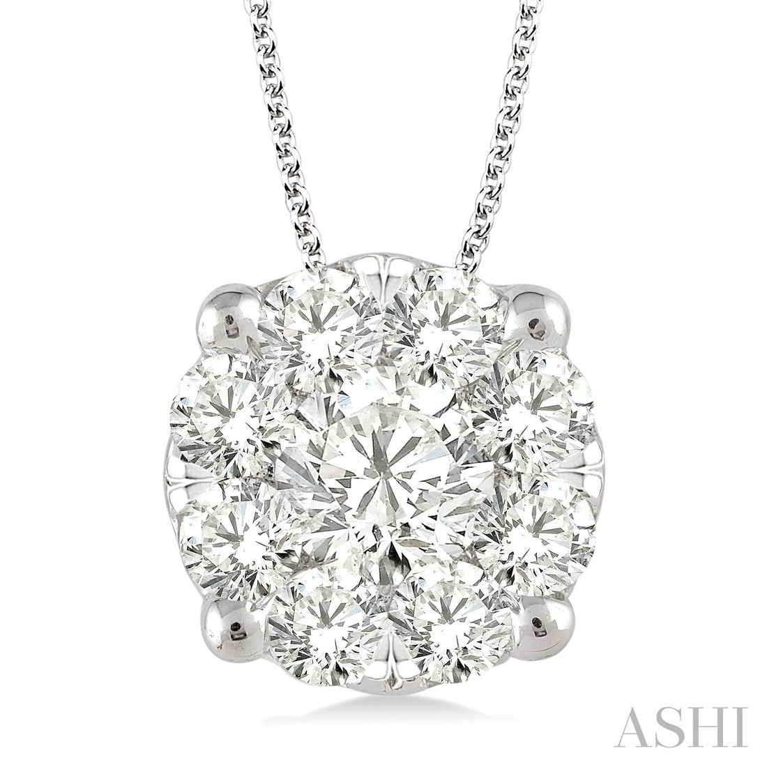 1.50 ctw Cluster Round Diamond 14K White Gold Pendant: A symphony of light and color, this breathtaking Cluster pendant featuring White Diamond embodies the pinnacle of luxury. Securely held in a classic Cluster design, the pendant is forged from 2.3 gram