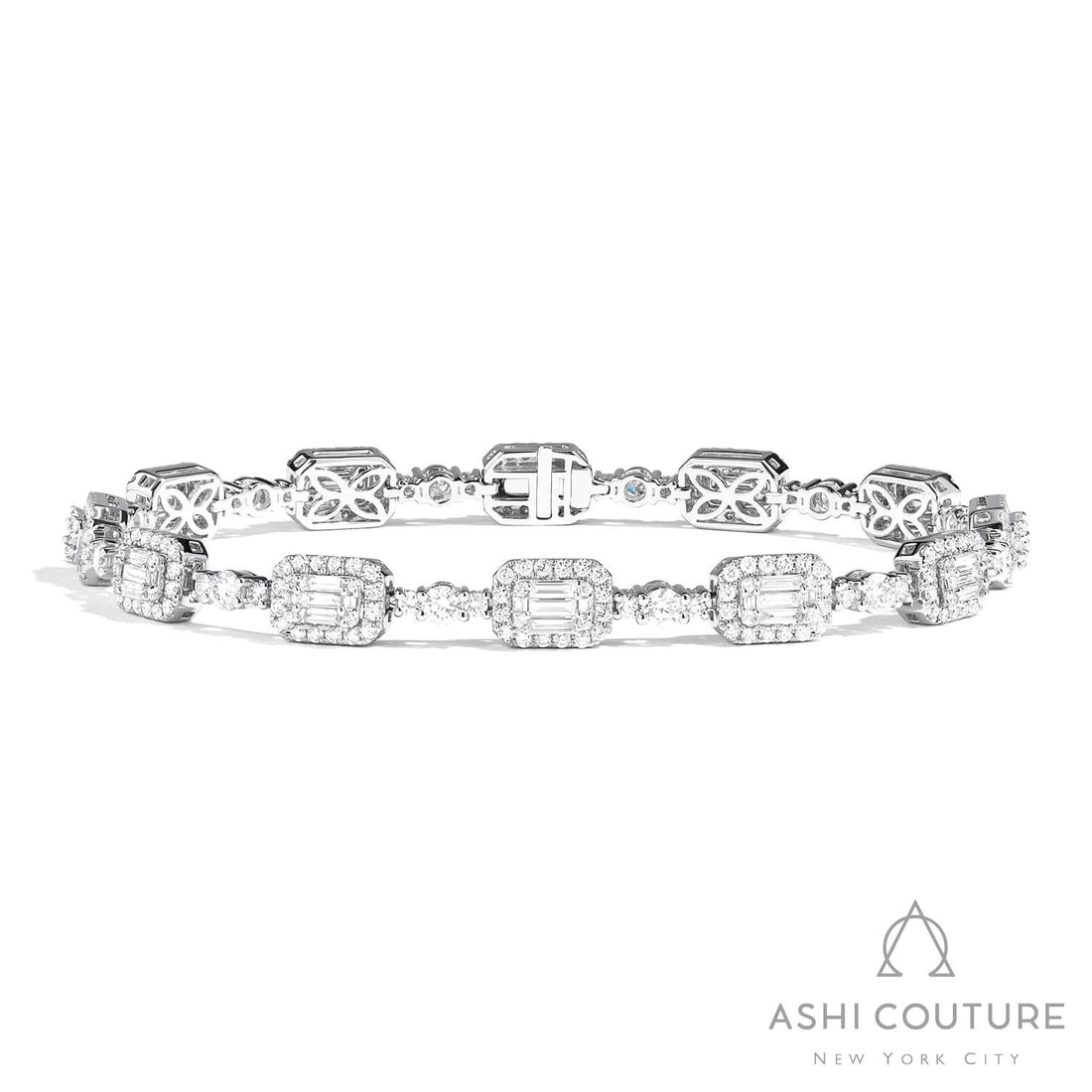 3.97 ctw White Diamond Empress Vintage 18K White Gold Bracelet: Rare and radiant, this breathtaking Empress Vintage bracelet featuring White Diamond offers a touch of the extraordinary. Showcasing the gems in a Halo arrangement, the bracelet consists of 13.65 gram