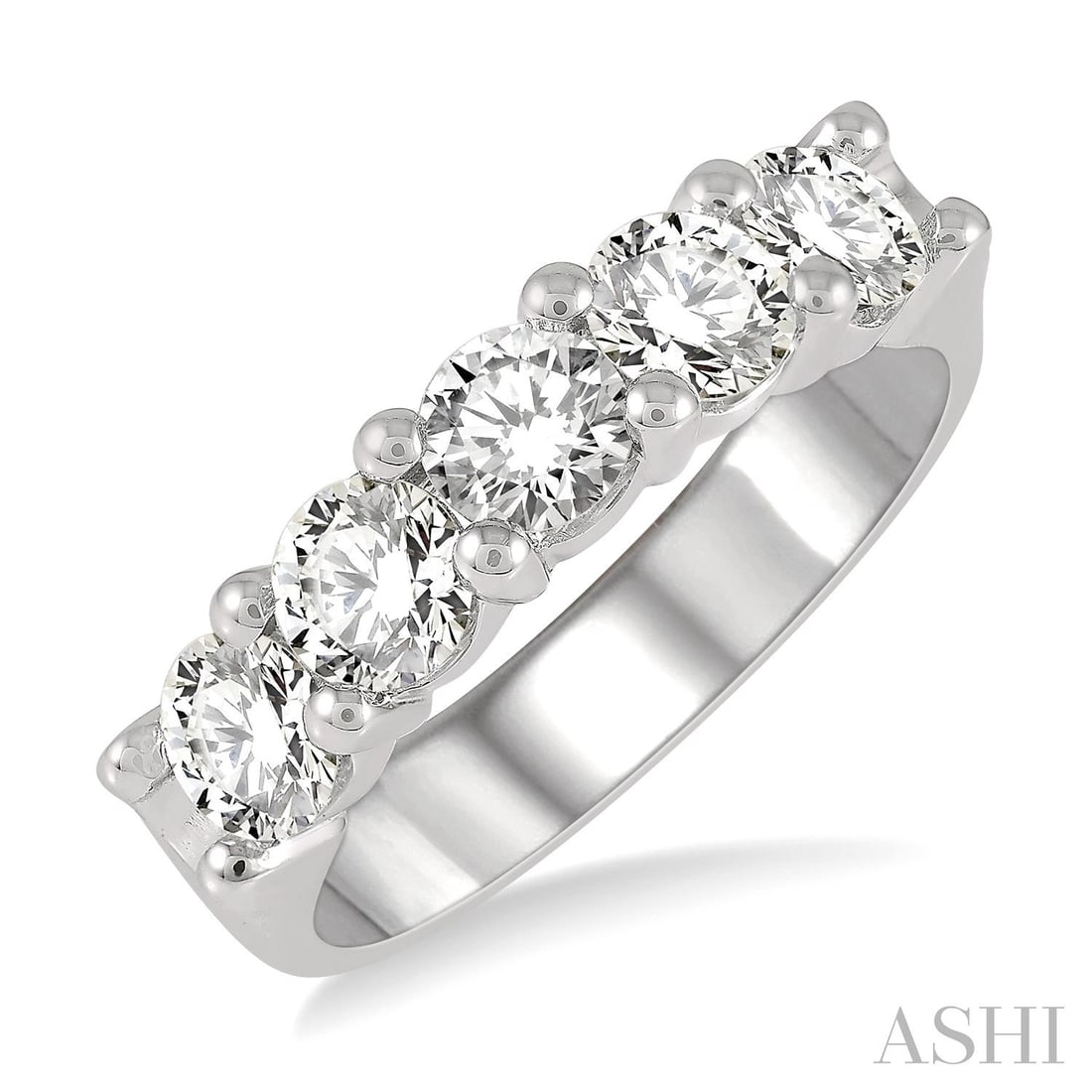 1.55 ctw 5-Stone Diamond Wedding Band 14K White Gold: A vision of luxury, this magnificent 5 Stone ring featuring White Diamond defines sophistication. The gemstones are nestled within a Five-Stone Setting framework, supported by a substantial 4.5 grams 