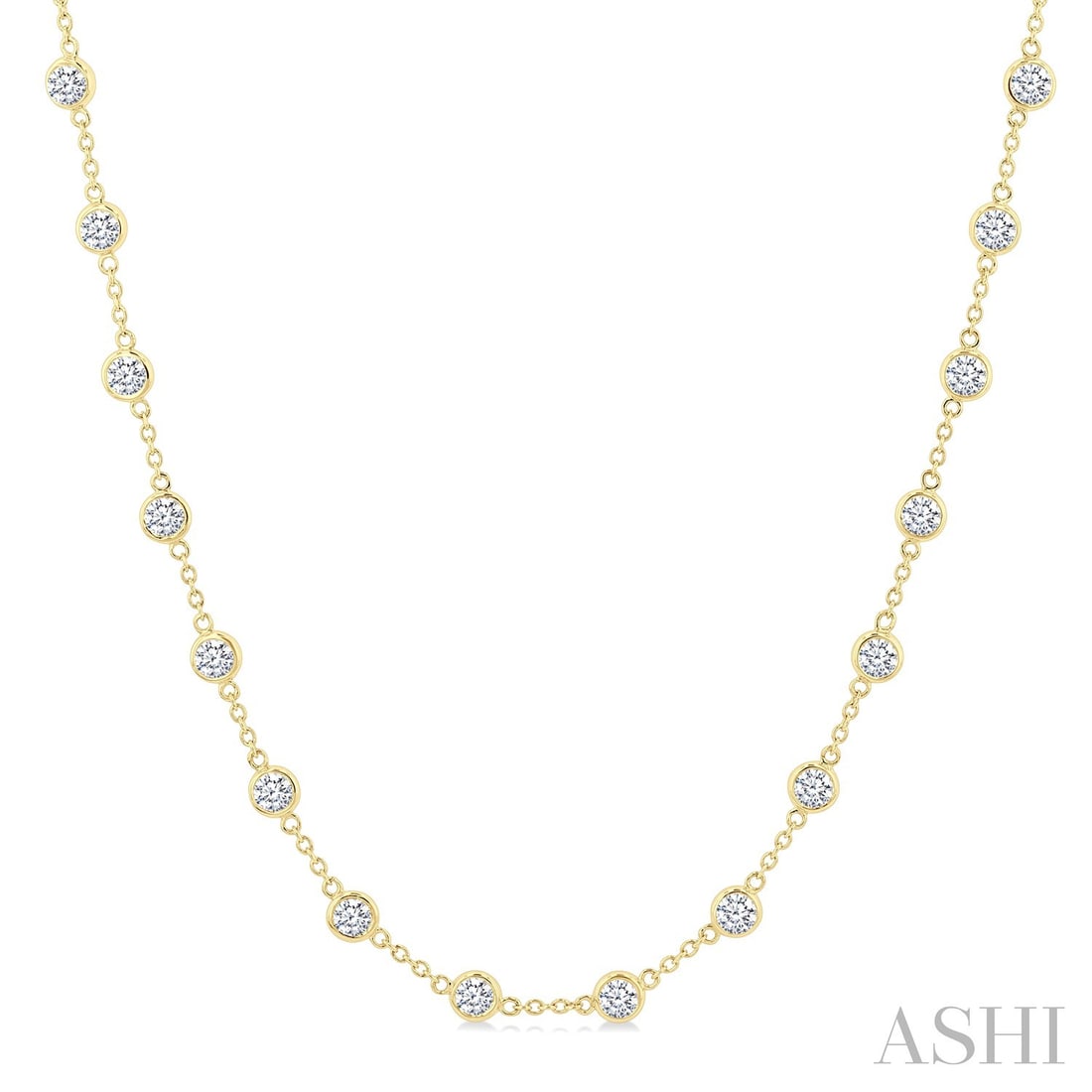 5.04 ctw Bezel Set Round Diamond Station 14K Yellow Gold Necklace: Rare and radiant, this breathtaking Station necklace featuring White Diamond offers a touch of the extraordinary. Crafted with precision, the Station setting is seamlessly integrated into 7.1 grams of