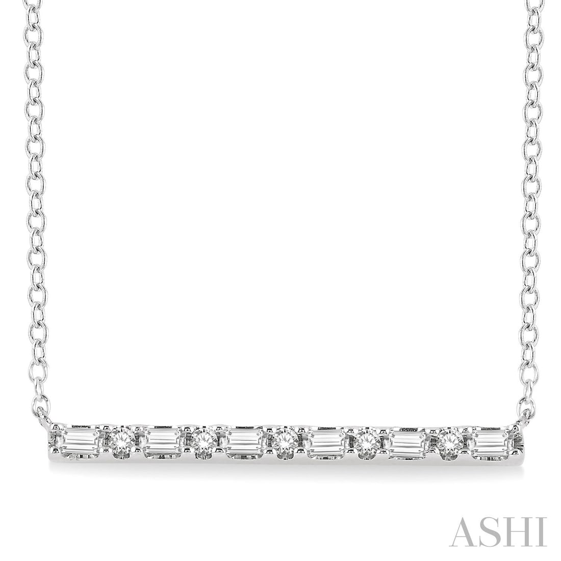 0.14 ctw Baguette & Round Diamond Bar 10K White Gold Necklace: A symphony of light and color, this stunning Petite Bar necklace featuring White Diamond embodies the pinnacle of luxury. Securely held in a classic Bar design, the necklace is forged from 0.7 grams o