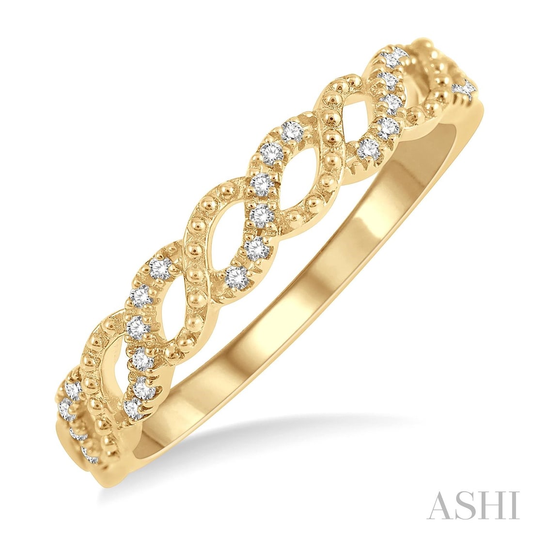 0.10 ctw Entwined Diamond 14K Yellow Gold Stack Band: Exuding opulence and grace, this elegant Entwined ring featuring White Diamond is crafted for the distinguished. Crafted with precision, the Band setting is seamlessly integrated into 2.15 g of 14K Ye