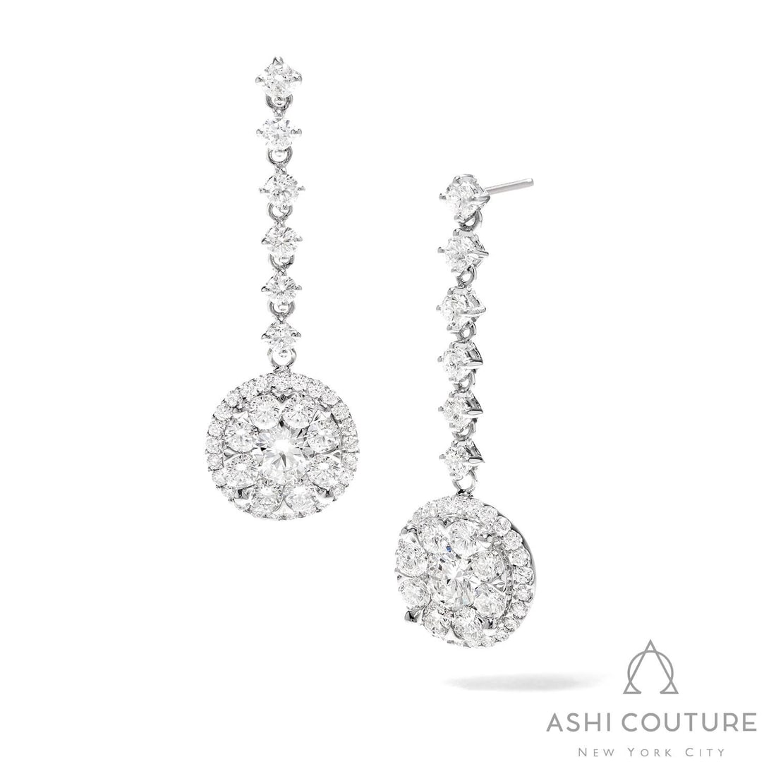 4.19 ctw Fiori Diamond Cluster Drop 18K White Gold Earrings: Exuding opulence and grace, this magnificent Fiori Round Drop Cluster pair of earrings featuring White Diamond is crafted for the distinguished. Crafted with precision, the Cluster setting is seamless