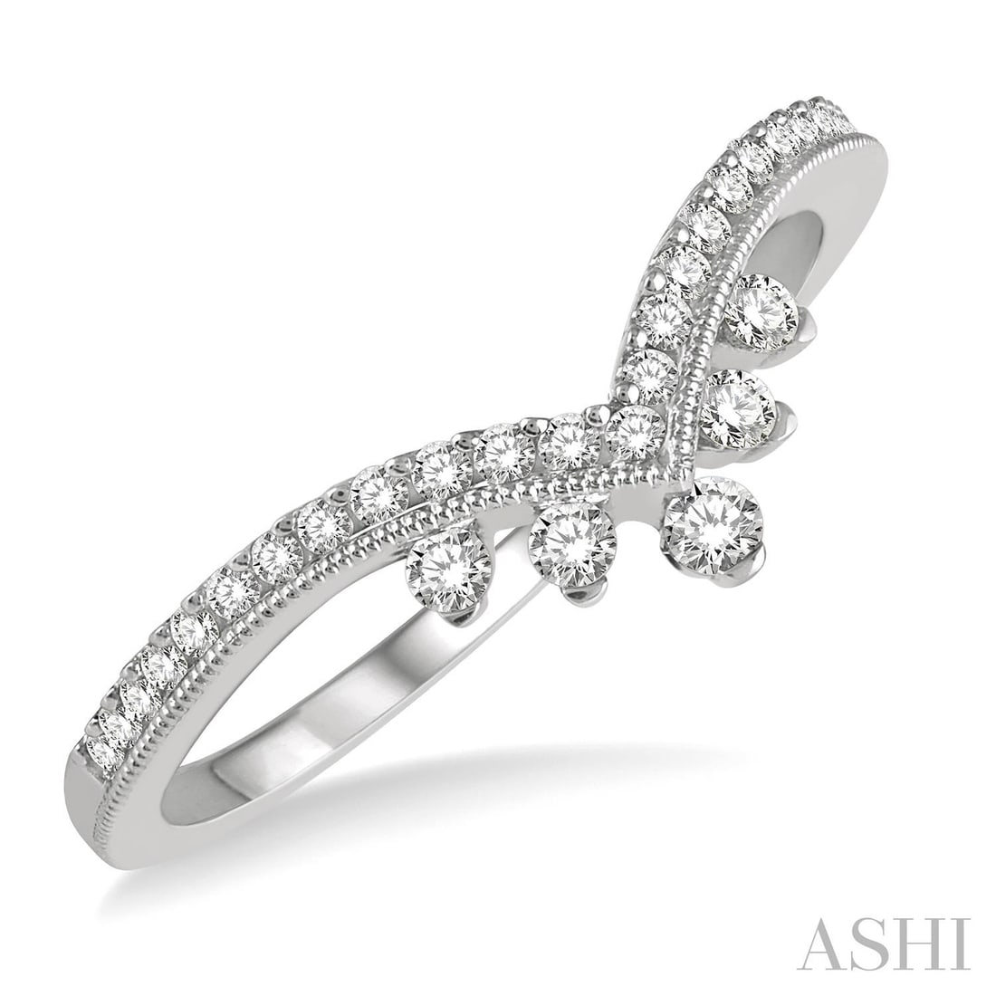 0.26 ctw Chevron White Diamond 14k White Gold Band Ring: Timeless and sophisticated, this elegant Chevron Shank band ring featuring White Diamond radiates enduring beauty. The gemstones are nestled within a Chevron Band framework, supported by a substantial