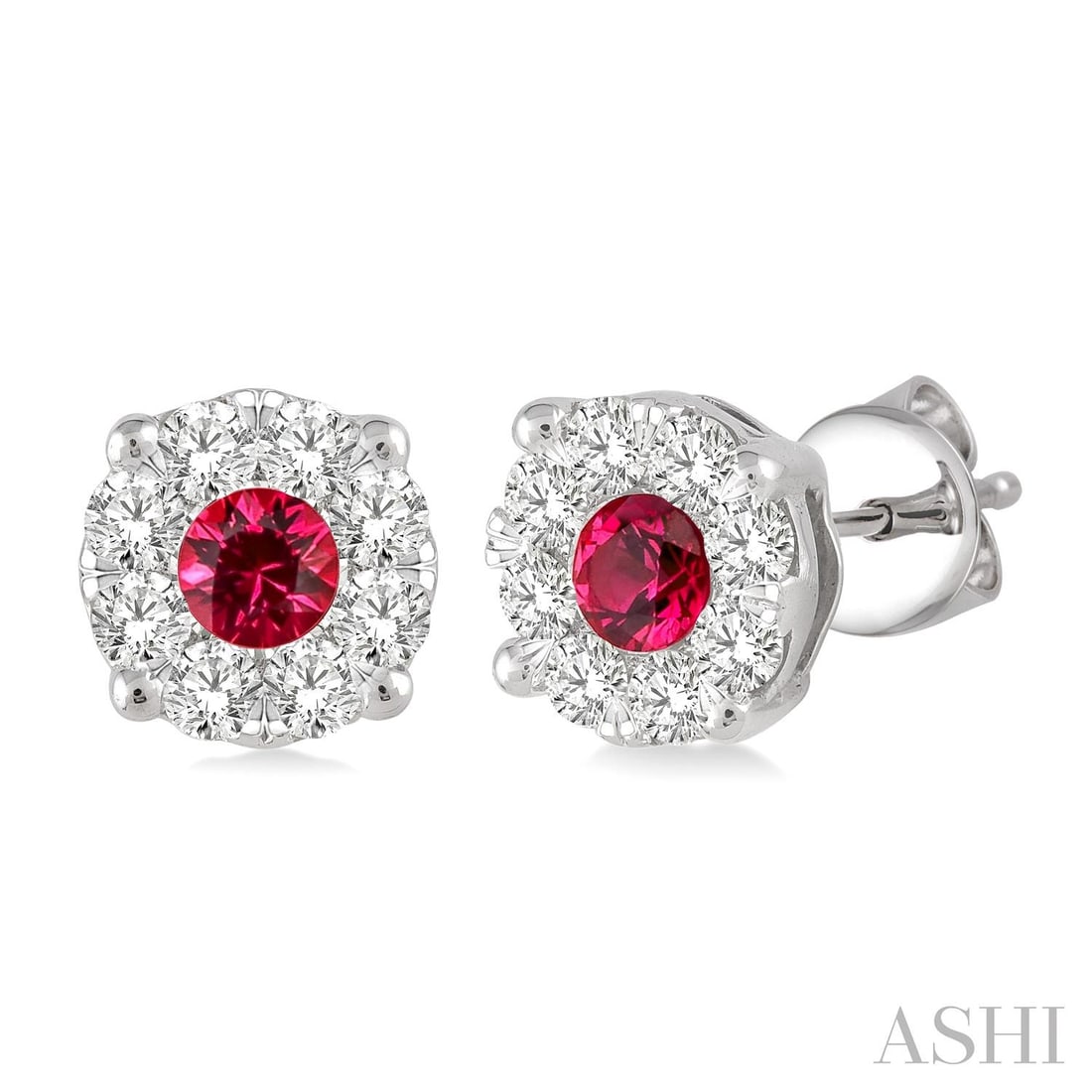 3.3mm Ruby and 0.45 ctw White Diamond 14K White Gold Earrings: Captured in a moment of brilliance, this stunning Cluster pair of earrings featuring Ruby, White Diamond speaks to the connoisseur. The gemstones are nestled within a Cluster framework, supported by a