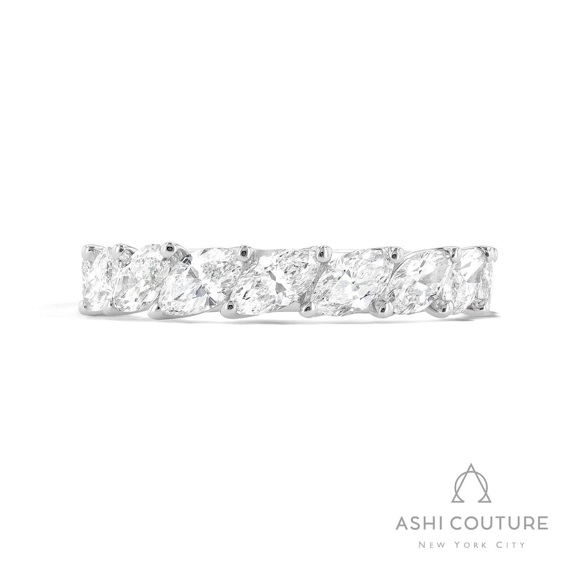 1.71 ctw Marquise Diamond Duchess Halfway Band 18K White Gold Ring: An exquisite masterpiece of haute joaillerie, this magnificent Marquise Halfway Band ring featuring White Diamond is a true treasure. A detailed Shared Prong Halfway Band gallery secures the stones, r