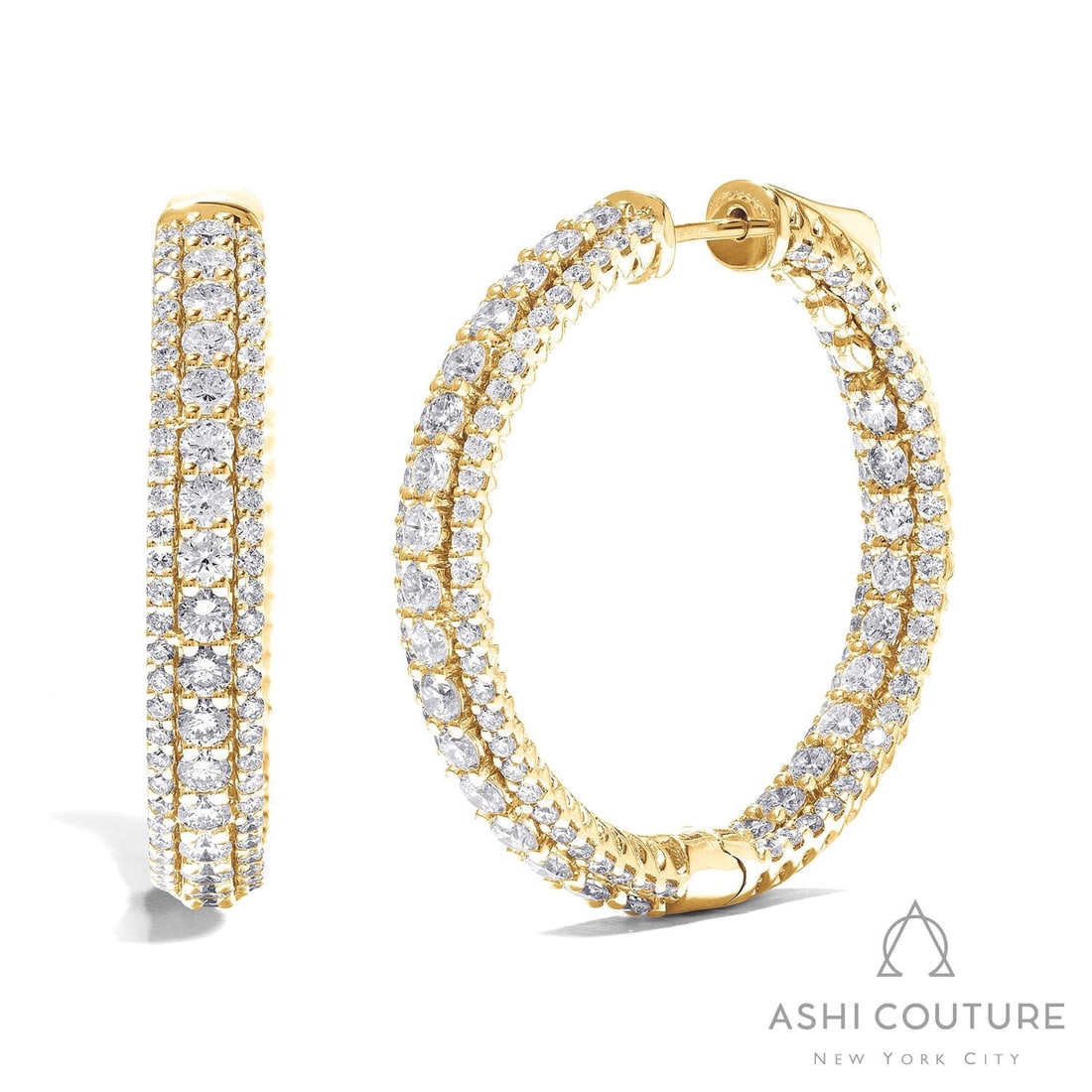 4.08 ctw Diamond 3-Row Hoop 18k Gold Earrings: Retail Value: $23,430 Defining modern elegance, this stunning 3-Row pair of earrings featuring White Diamond captures the essence of style. A detailed Hoop gallery secures the stones, rendered in 14.0