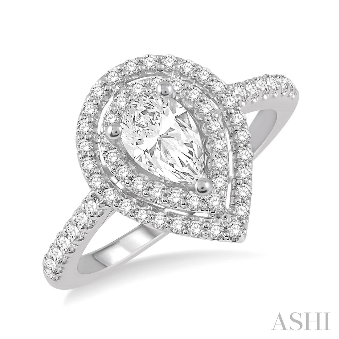0.51 ctw Pear Shape Diamond Double Halo 14K White Gold Engagement Ring: Captured in a moment of brilliance, this breathtaking Double Halo ring featuring White Diamond speaks to the connoisseur. Securely held in a classic Double Halo design, the ring is forged from 3.85 gr