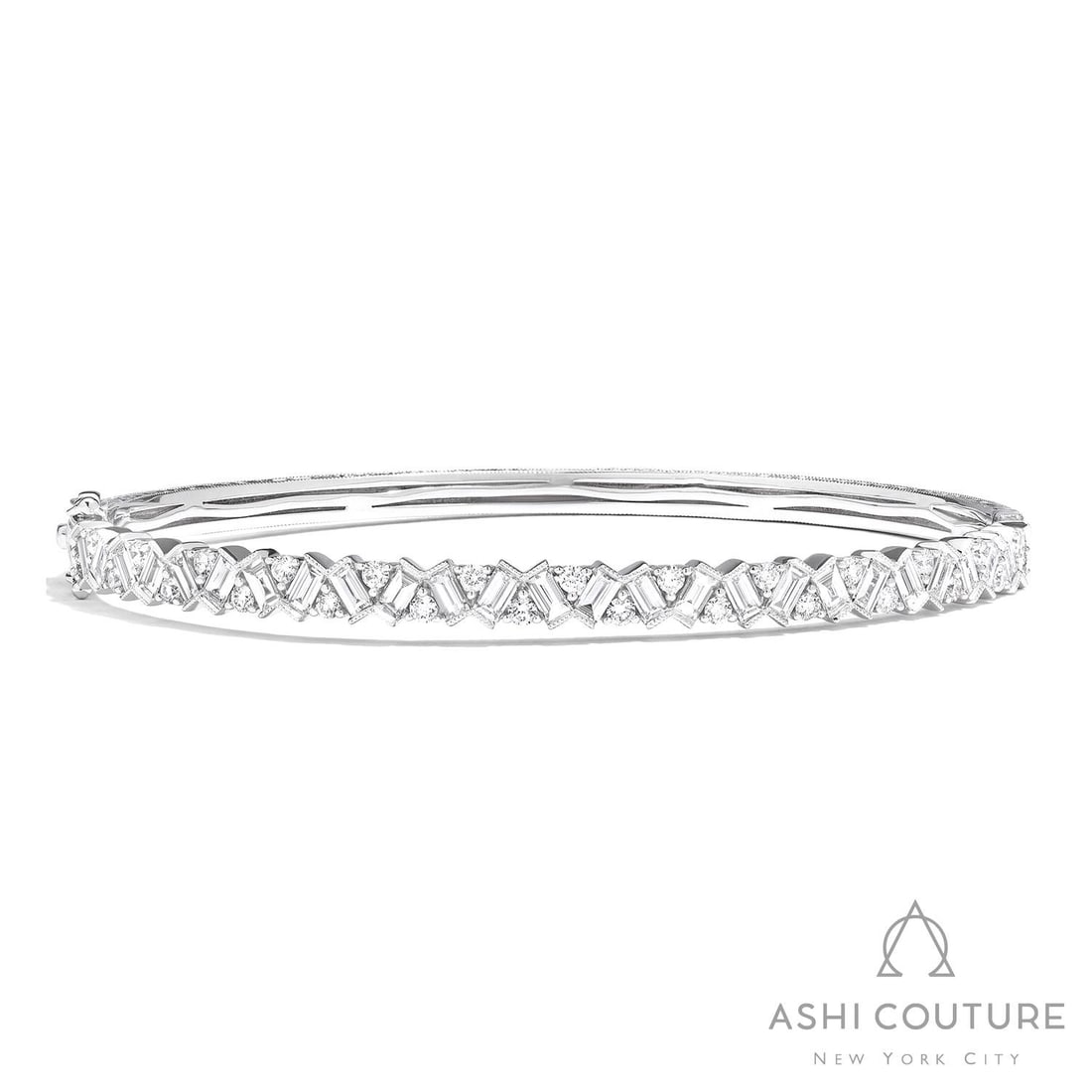 2.07 ctw Diamond Baguette & Round 18K White Gold Bangle: A testament to superior craftsmanship, this breathtaking Line/Eternity bangle featuring White Diamond is unparalleled. Showcasing the gems in a Line/Eternity arrangement, the bangle consists of 14.15 