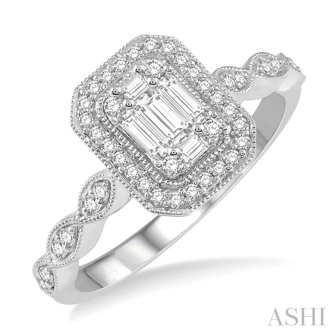 0.37 ctw Emerald Shape Diamond Fusion 14K White Gold Engagement Ring: A vision of luxury, this exquisite Emerald Shape ring featuring White Diamond defines sophistication. Expertly mounted in a Halo setting, the ring is crafted in 3.15 grams of solid 14K White Gold, fin