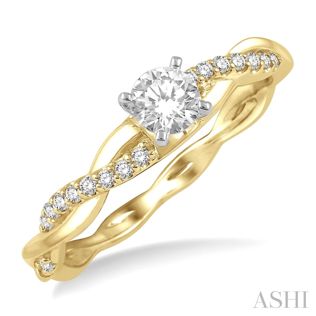 0.36 ctw Diamond Twisted Shank 14K Yellow & White Gold Engagement Ring: A testament to superior craftsmanship, this exquisite Twisted Shank ring featuring Colorless Diamonds is unparalleled. Crafted with precision, the Twisted Shank Solitaire setting is seamlessly integra