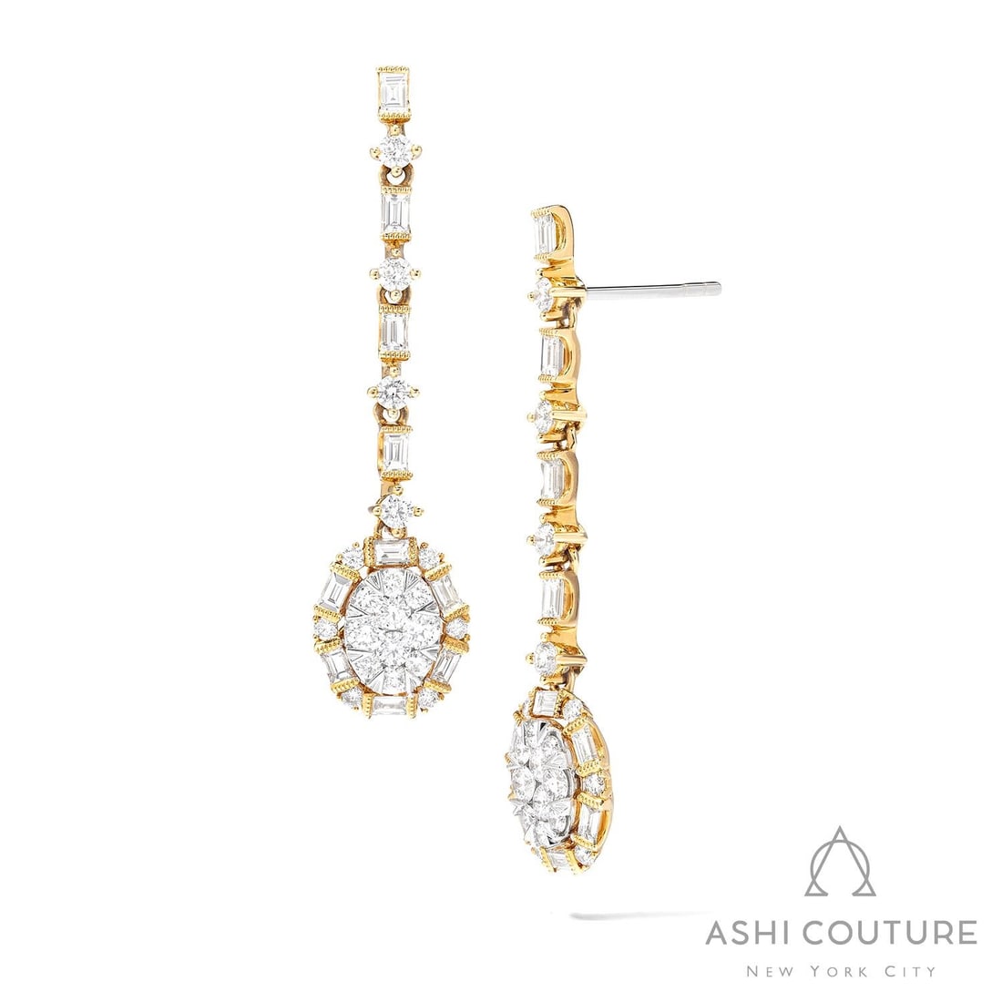 2.08 ctw Oval Baguette & Round Diamond Cluster 18k Gold Drop Earrings: Epitomizing grandeur, this breathtaking Fiori Oval pair of earrings featuring White Diamond stands as a beacon of refined taste. A detailed Cluster gallery secures the stones, rendered in 5.75 grams o