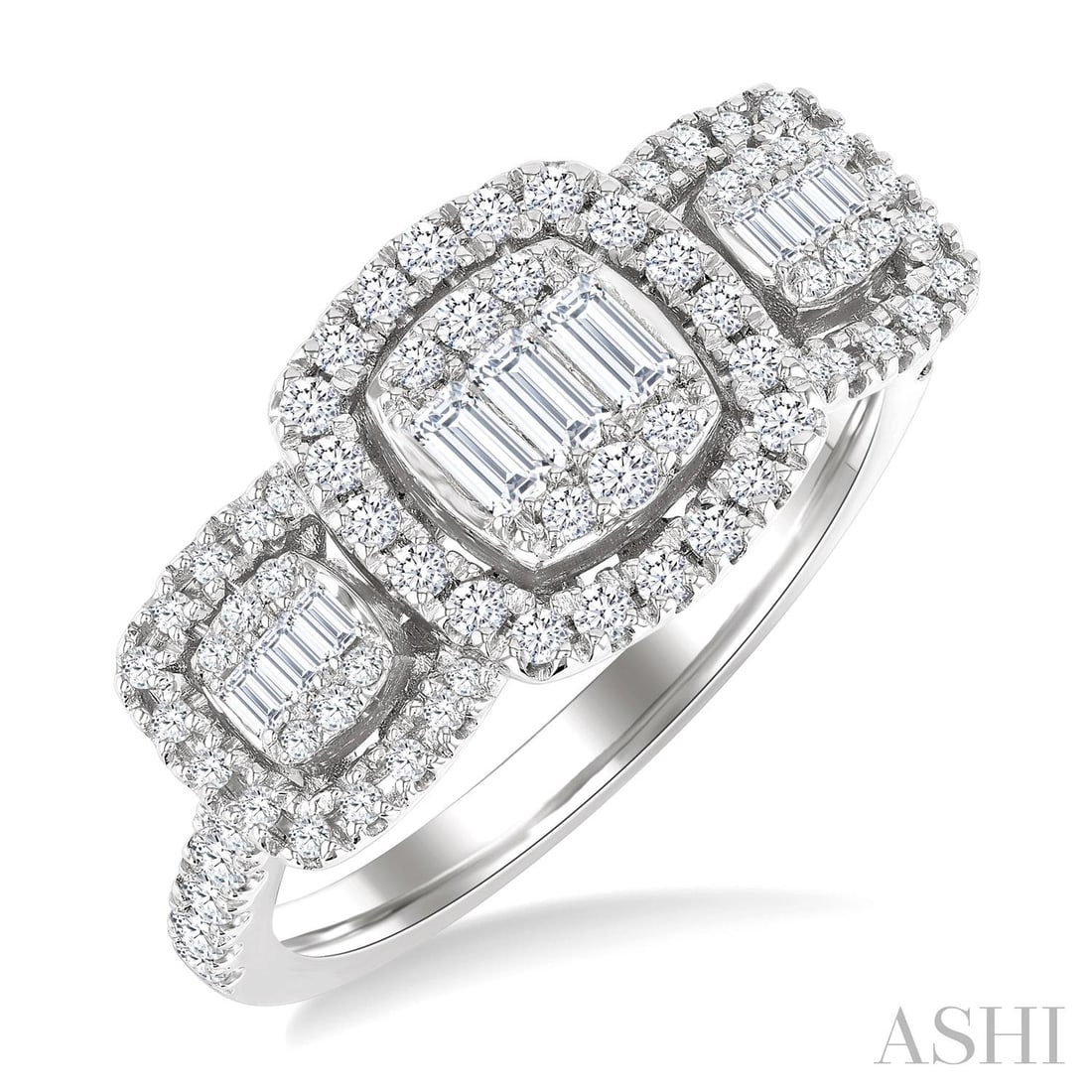 0.75 ctw Cushion Fusion Baguette & Round Diamond 14K White Gold Ring: Exuding opulence and grace, this elegant Fusion ring featuring White Diamond is crafted for the distinguished. Crafted with precision, the Three-Stone setting is seamlessly integrated into 3.9 grams o