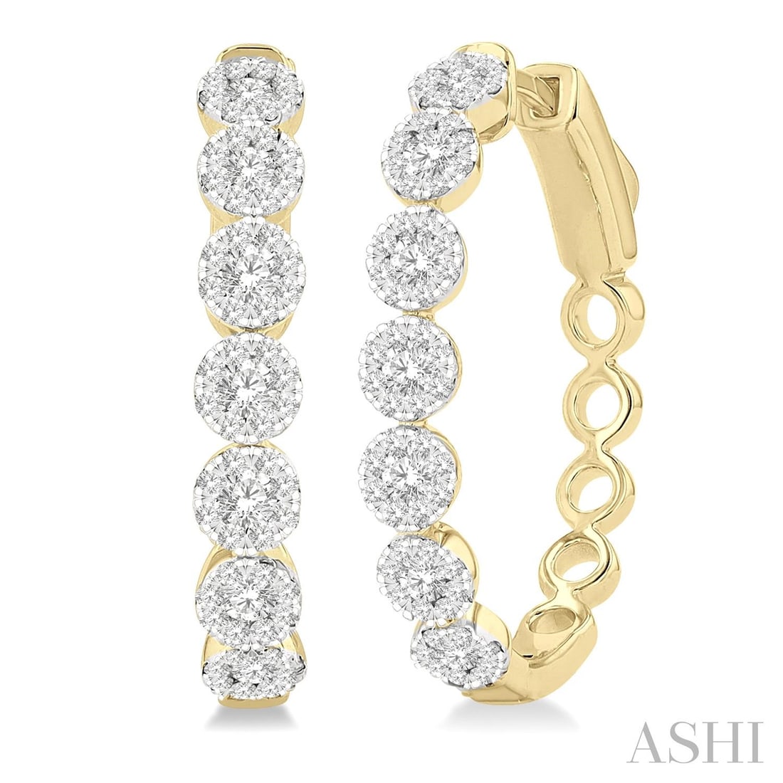 1.0 ctw Diamond Cluster 14K Yellow & White Gold Hoop Earrings: Captured in a moment of brilliance, this stunning Cluster pair of earrings featuring White Diamond speaks to the connoisseur. Expertly mounted in a Cluster setting, the earrings are crafted in 4.0 gra