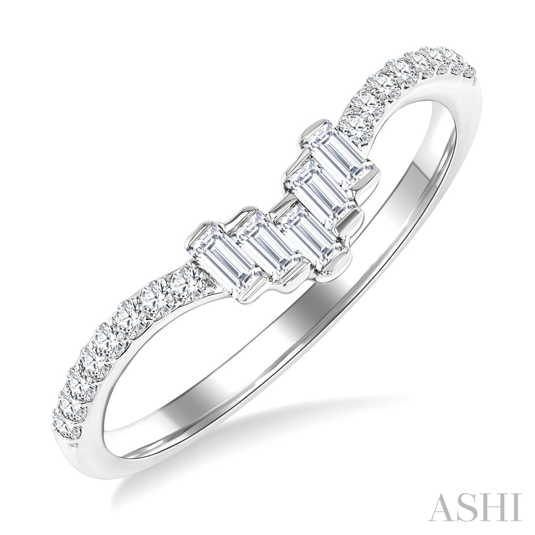 0.26 ctw Baguette & Round Diamond 14K White Gold Band Ring: Epitomizing grandeur, this exquisite Chevron Centerpiece band ring featuring White Diamond stands as a beacon of refined taste. Crafted with precision, the Contour/Chevron Band setting is seamlessly i