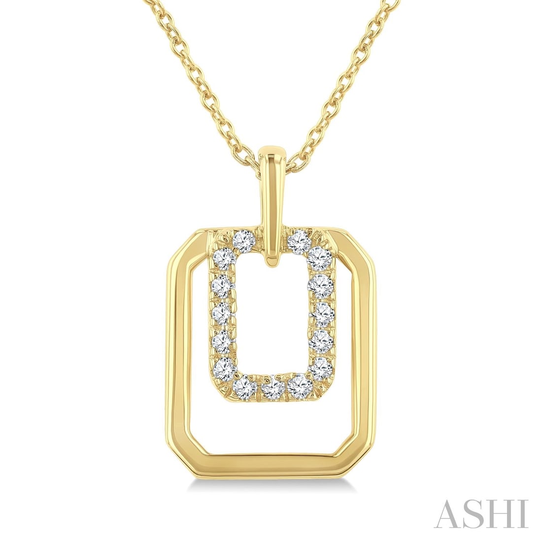 0.11 ctw White Diamond Geometric Frame Drop 10K Yellow Gold Pendant: An exquisite masterpiece of haute joaillerie, this magnificent Nested Octagonal Frame pendant featuring White Diamond is a true treasure. Crafted with precision, the Geometric Frame Drop setting is se