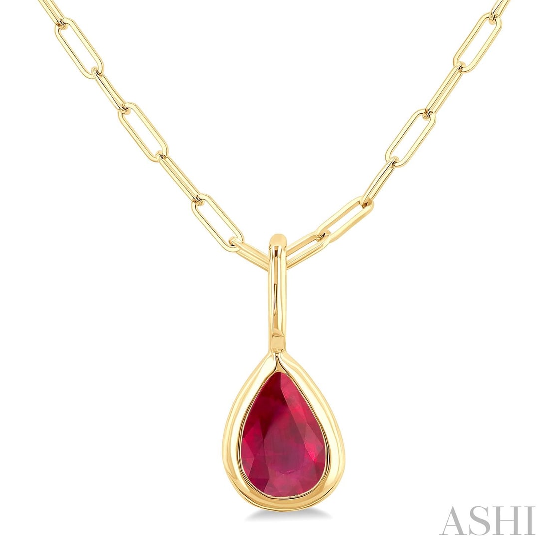 6x4mm Pear Cut Ruby Bezel 14K Yellow Gold Pendant Necklace w/ Chain: Exuding opulence and grace, this elegant Bezel Set pendant featuring Ruby is crafted for the distinguished. Crafted with precision, the Solitaire Bezel setting is seamlessly integrated into 0.4 grams 