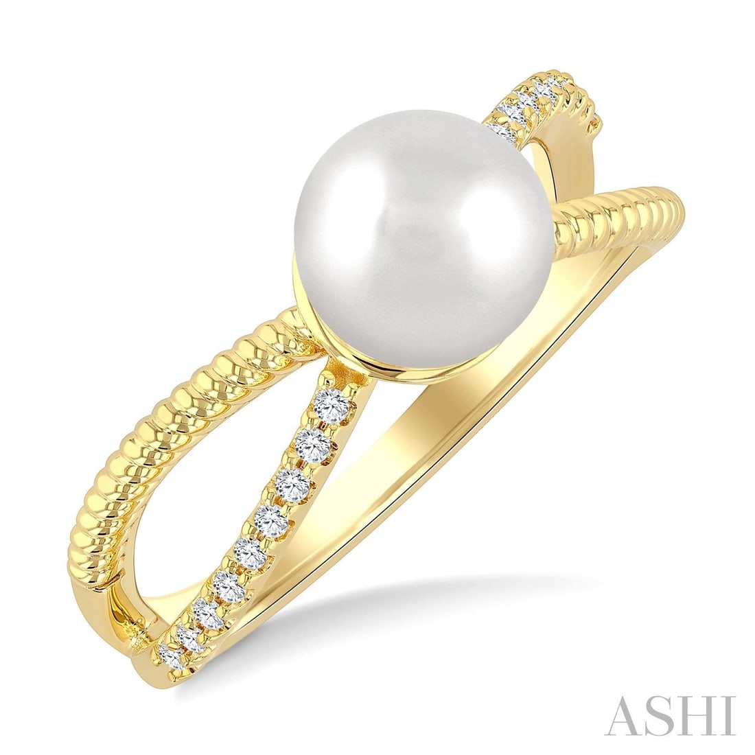 7mm Cultured Pearl and 0.10 ctw White Diamond 10K Yellow Gold Ring: Epitomizing grandeur, this elegant Criss Cross ring featuring Cultured Pearl, White Diamond stands as a beacon of refined taste. Showcasing the gems in a Criss-Cross arrangement, the ring consists of 