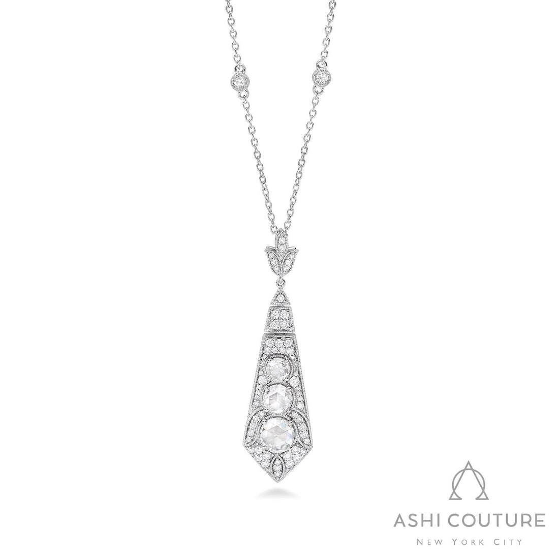 Mademoiselle 2.18 ctw Diamond 18K White Gold Pendant: A vision of luxury, this magnificent Art Deco necklace featuring Natural Diamonds defines sophistication. Expertly mounted in a Drop Pendant setting, the necklace is crafted in 5.2 grams of solid 18K 