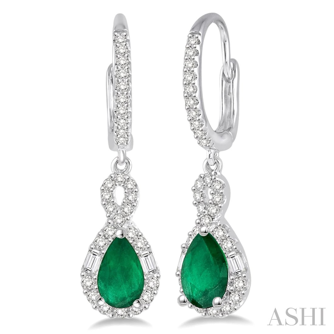 6x4mm Emerald and 0.53 ctw Diamond 14K White Gold Earrings: A testament to superior craftsmanship, this elegant Pear Cut pair of earrings featuring Emerald, White Diamond is unparalleled. Showcasing the gems in a Halo arrangement, the earrings consists of 3.0 