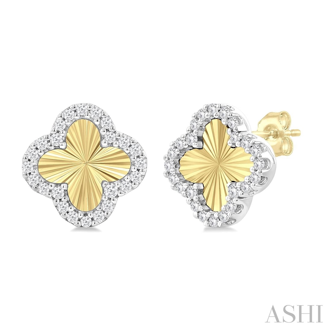 0.20 ctw Diamond Fluted Clover 14K Yellow and White Gold Stud Earrings: Epitomizing grandeur, this elegant Fluted Clover pair of earrings featuring White Diamond stands as a beacon of refined taste. A detailed Halo gallery secures the stones, rendered in 2.3 grams of lust