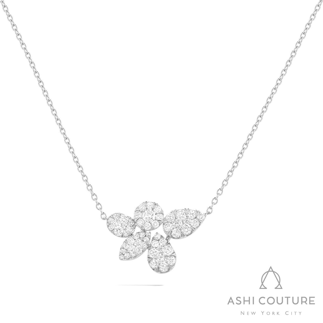 1.91 ctw Diamond Fiori Floral Cluster 18K White Gold Necklace: Rare and radiant, this elegant Fiori Floral Cluster pendant necklace featuring White Diamond offers a touch of the extraordinary. Showcasing the gems in a Cluster arrangement, the pendant necklace con