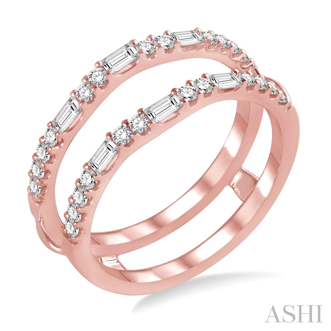 0.55 ctw Baguette and Round Diamond 14K Rose Gold Insert Ring: A symphony of light and color, this stunning Baguette and Round Cut ring featuring White Diamond embodies the pinnacle of luxury. The gemstones are nestled within an Insert/Guard Ring framework, suppo