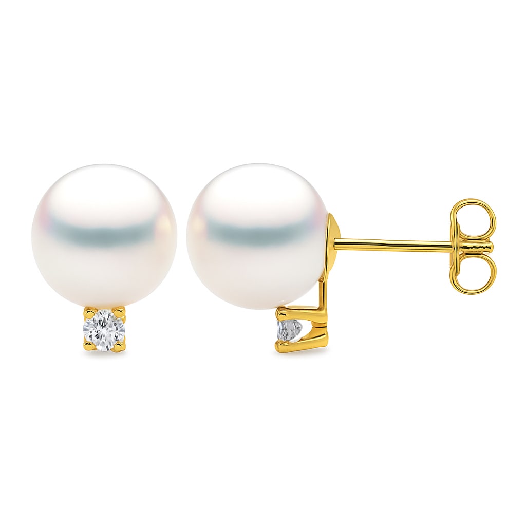 14K Yellow Gold Pearl & Diamond Stud Earrings with 0.1ct Diamonds (1 of 1)