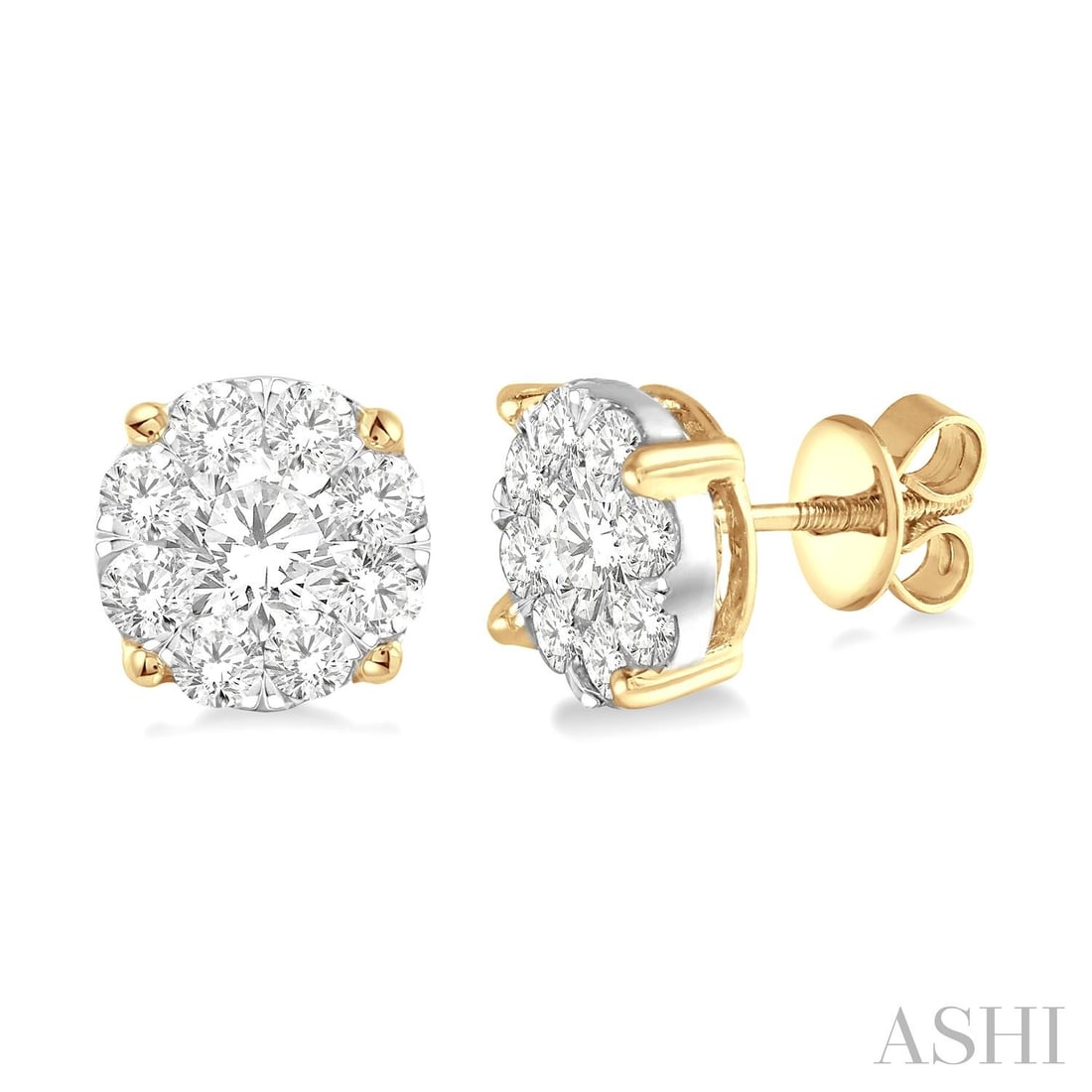 1.52 ctw Cluster Diamond 14K Yellow & White Gold Stud Earrings: Exuding opulence and grace, this elegant Cluster pair of earrings featuring White Diamond is crafted for the distinguished. Showcasing the gems in a Cluster arrangement, the earrings consists of 4.25 