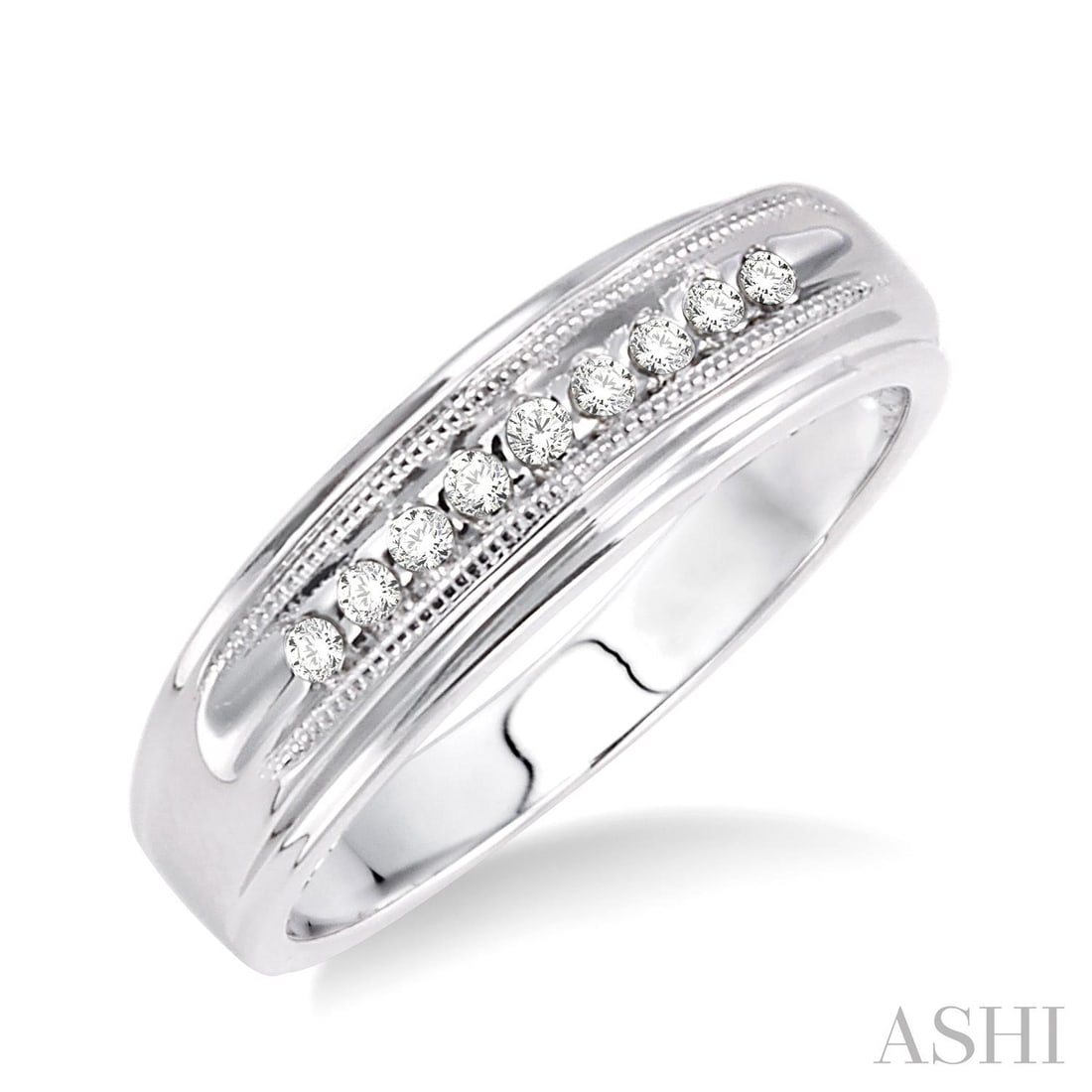 0.12 ctw Round Cut Diamond 14K White Gold Men's Ring: A symphony of light and color, this magnificent Nick Set ring featuring White Diamond embodies the pinnacle of luxury. The gemstones are nestled within a Channel framework, supported by a substantial 