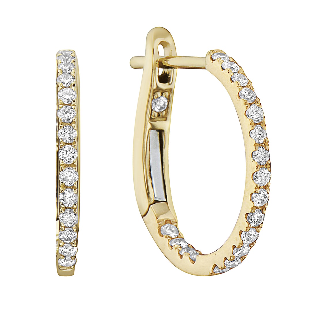 14k Yellow Gold Hoop Earrings with 0.31 ctw White Diamonds: Exuding elegance, these exquisite hoop earrings feature dazzling round-cut white diamonds. Crafted in 14k yellow gold with rhodium accents, they embody a modern aesthetic. The diamonds, graded H in co