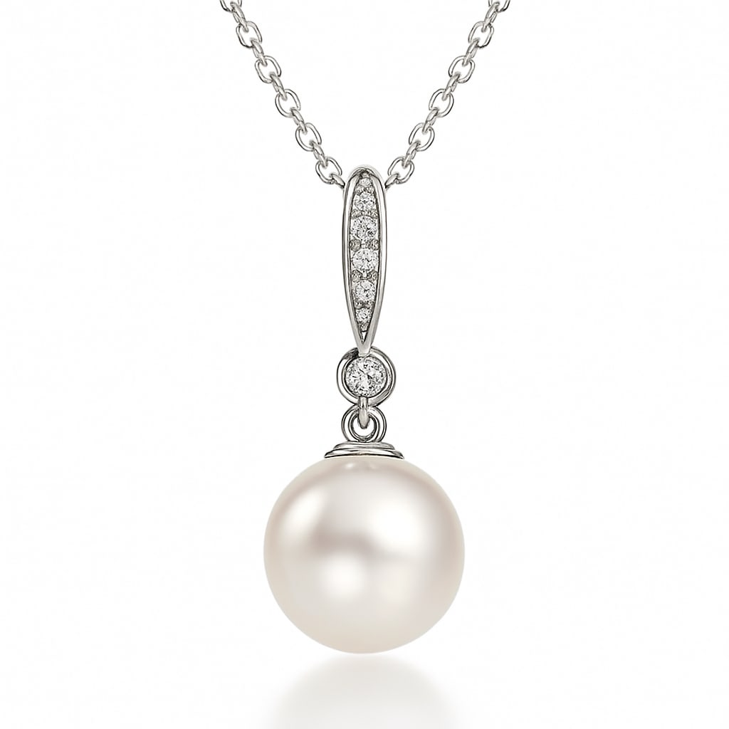 14k White Gold Pendant Necklace with Freshwater Pearl and Diamonds: Radiating elegance and sophistication, this exquisite pendant necklace features a lustrous Freshwater Pearl as its centerpiece. The pearl's pristine white hue is complemented by a delicate arrangement