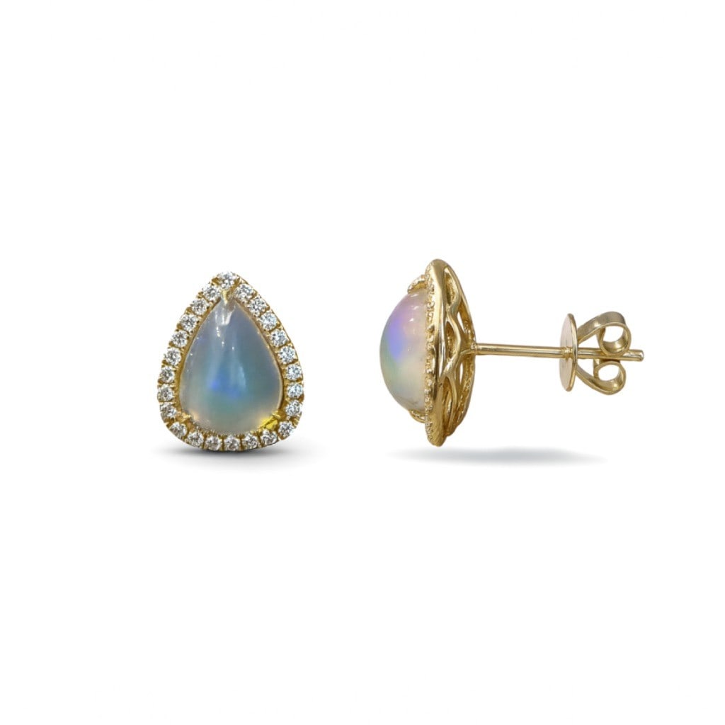 2.69ct Opal and 0.38ctw Diamond 14K Yellow Gold Stud Earrings: Rare and radiant, this elegant Halo pair of earrings featuring Opal, White Diamond offers a touch of the extraordinary. A detailed Halo gallery secures the stones, rendered in 3.6 g of lustrous 14K Ye