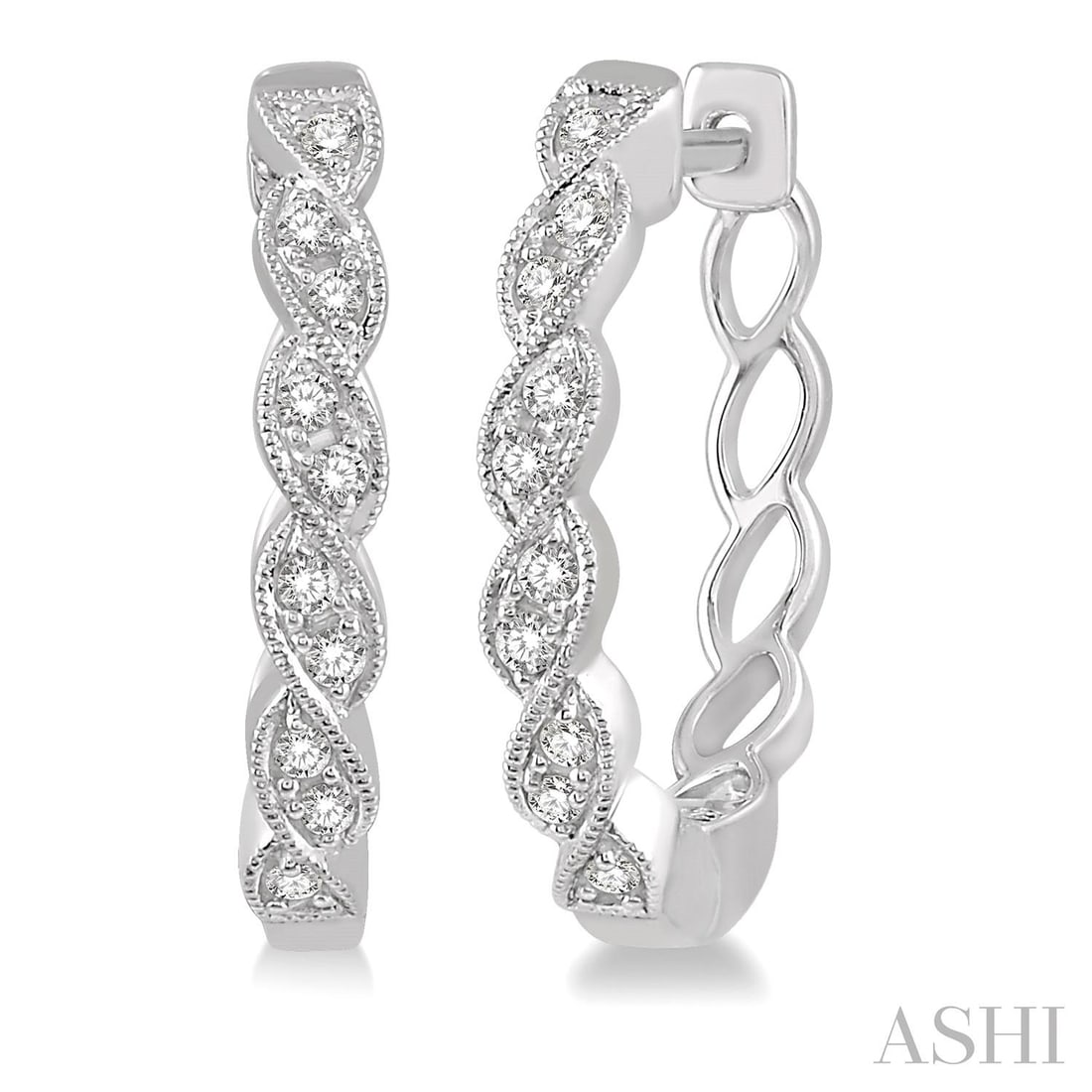 0.16 ctw Diamond Braided Hoop 10K White Gold Earrings: A symphony of light and color, this elegant Braided Pattern pair of earrings featuring White Diamond embodies the pinnacle of luxury. The gemstones are nestled within a Pave framework, supported by a 