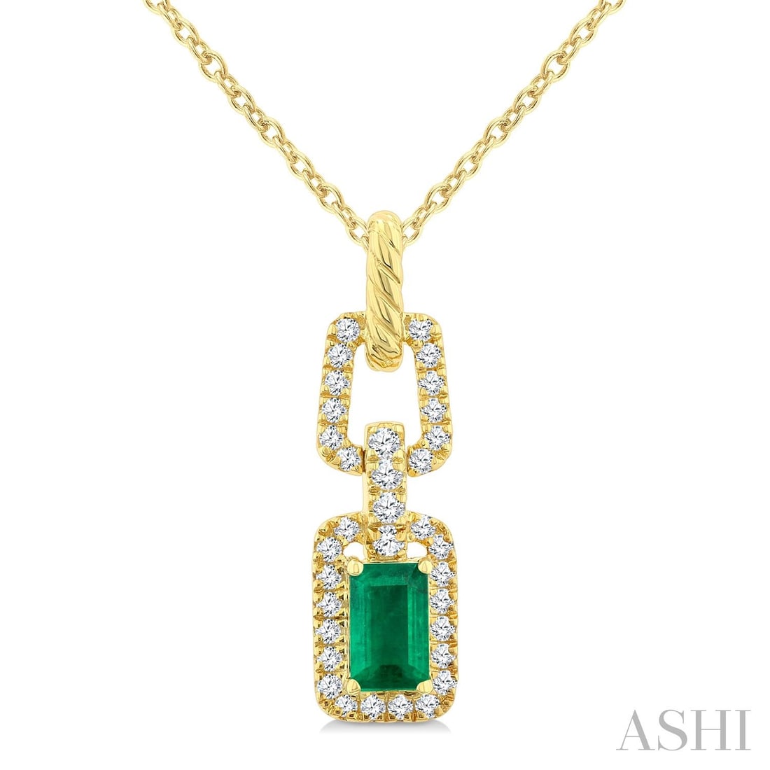 5x3mm Emerald and 0.16 ctw Diamond 14K Yellow Gold Pendant: Epitomizing grandeur, this magnificent Halo Precious Link pendant featuring Emerald, White Diamond stands as a beacon of refined taste. Showcasing the gems in a Halo arrangement, the pendant consists 