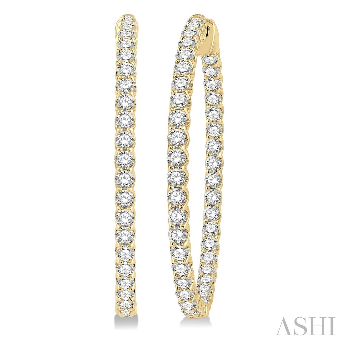 4.05 ctw Inside-Out Diamond 14K Yellow Gold Hoop Earrings: A vision of luxury, this stunning Inside-Out pair of earrings featuring Natural Diamonds defines sophistication. The gemstones are nestled within a Continuous Line framework, supported by a substantia