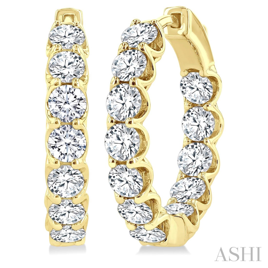 4.02 ctw Inside-Out Diamond Hoop Earrings 14K Yellow Gold: A vision of luxury, this breathtaking Inside-Out Hoop pair of earrings featuring White Diamond defines sophistication. Securely held in a classic Continuous Line design, the earrings are forged from 7